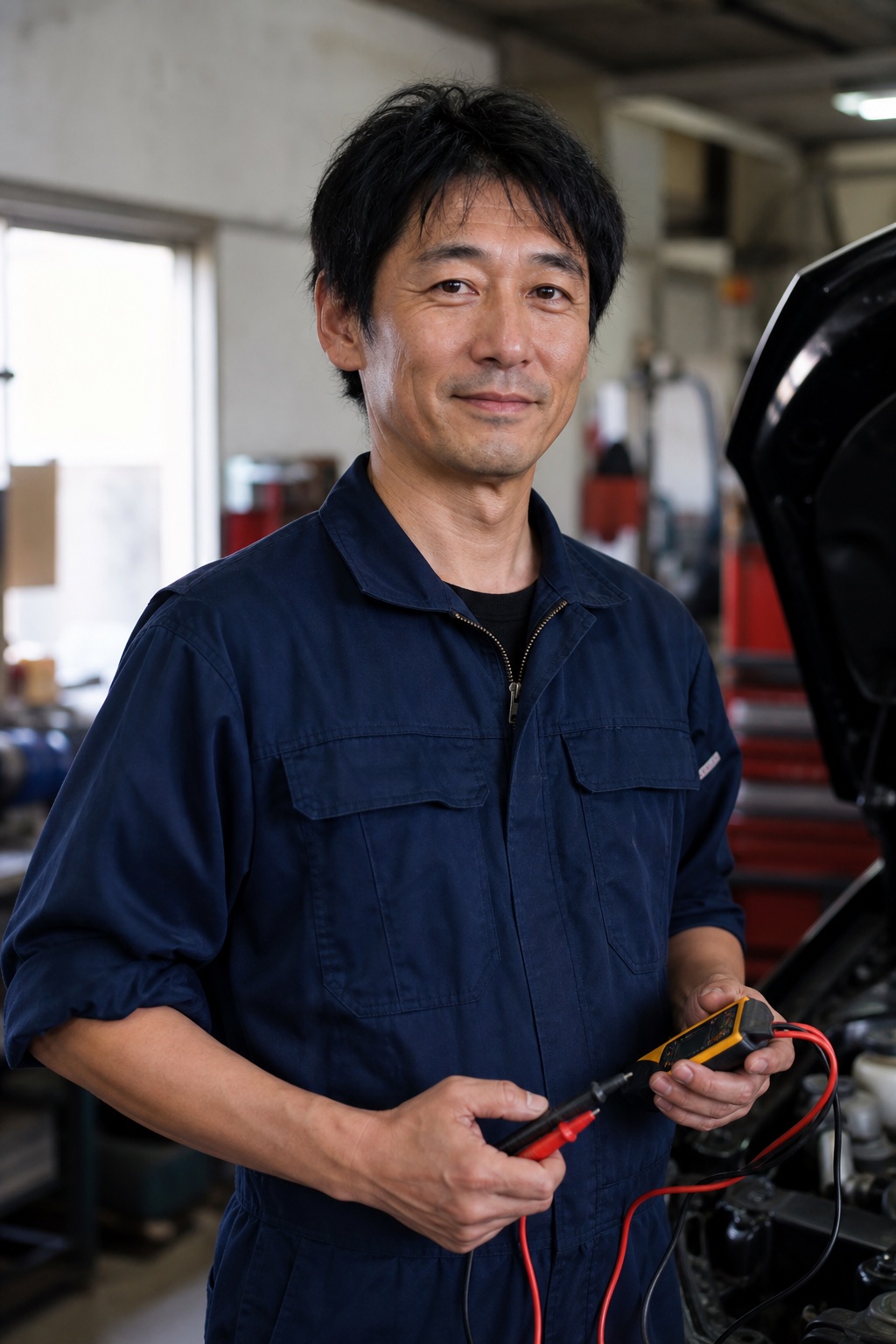 株式会社但東電機の代表が車両の電装作業をしている様子