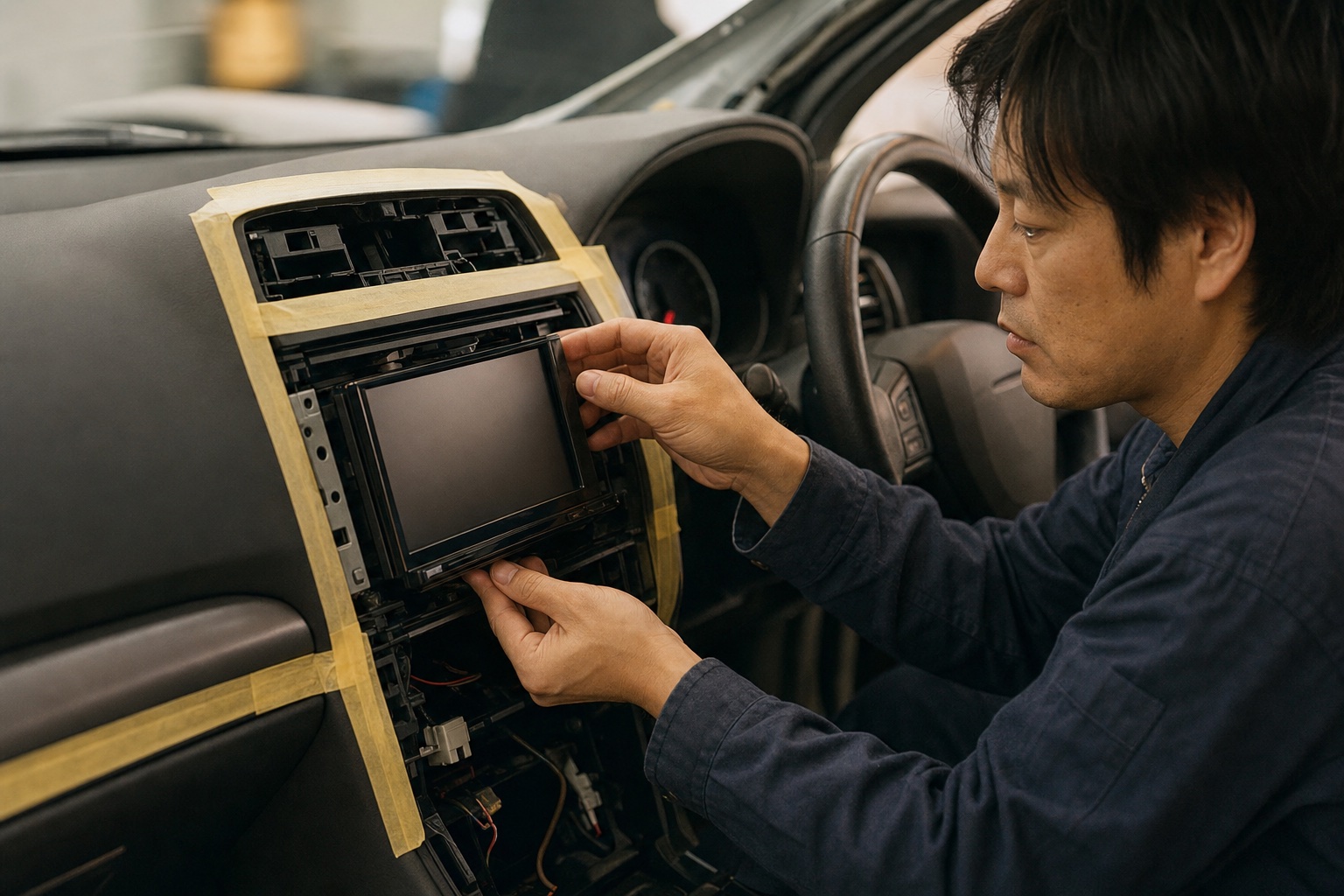 持込カーナビを車両に取付ける整備士の手元(純正配線を傷めない方法で施工)