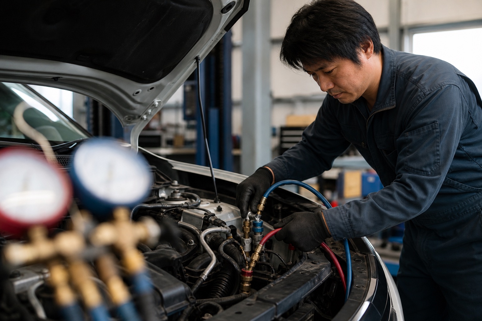 カーエアコンのガス補充・点検をする整備士の手元